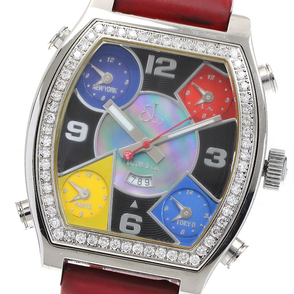 ジェイコブ JACOB-CO 5タイムゾーン ダイヤベゼル シェル文字盤 クォーツ メンズ保証書付き_916968