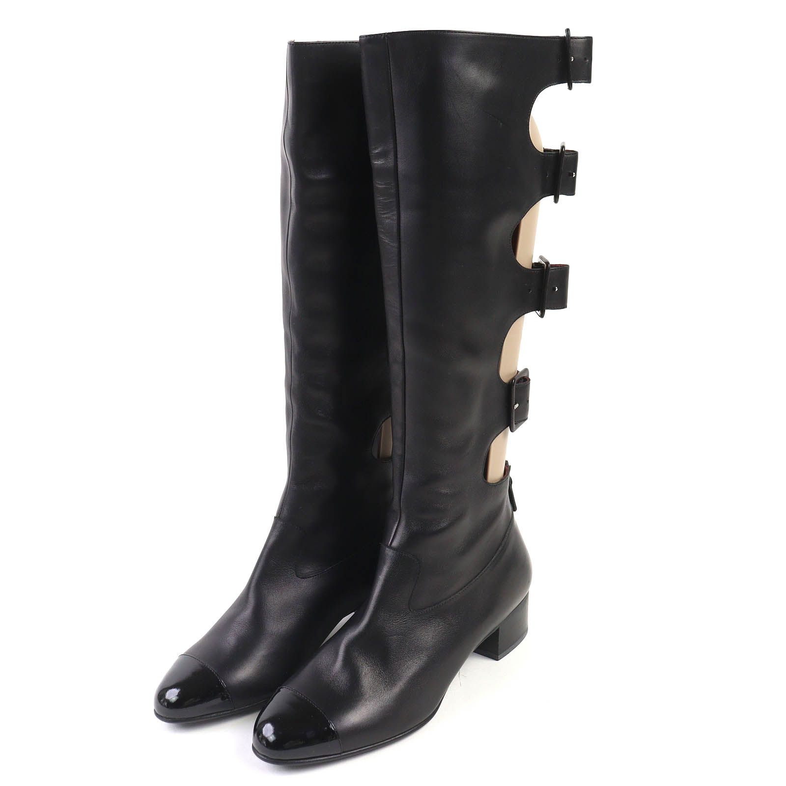 CHANEL シャネル ココマークステッチ バックベルトデザイン パテントレザー使い ロングブーツ モデル ブラック 38.5 イタリア製 レディース