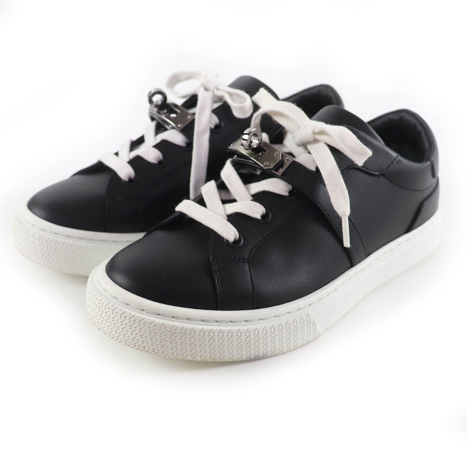 HERMES エルメス デイ シルバー金具 ケリーバックル レースアップ レザー スニーカー ブラック 35 箱 保存袋付き イタリア製 レディース