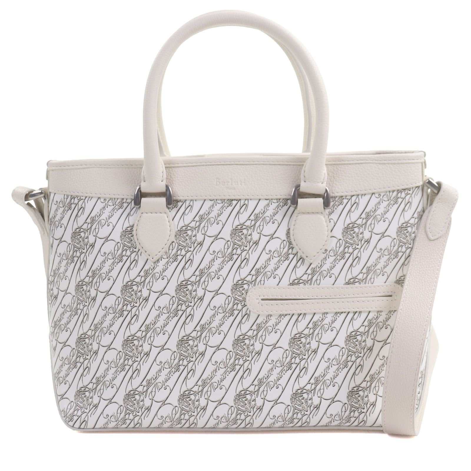 Berluti ベルルッティ トゥジュールXS トワル マルブフ 誕生10周年記念 モデル コーティングキャンバス レザー ロゴ総柄 2WAY トートバッグ ホワイト 保存袋付き イタリア製 メンズ