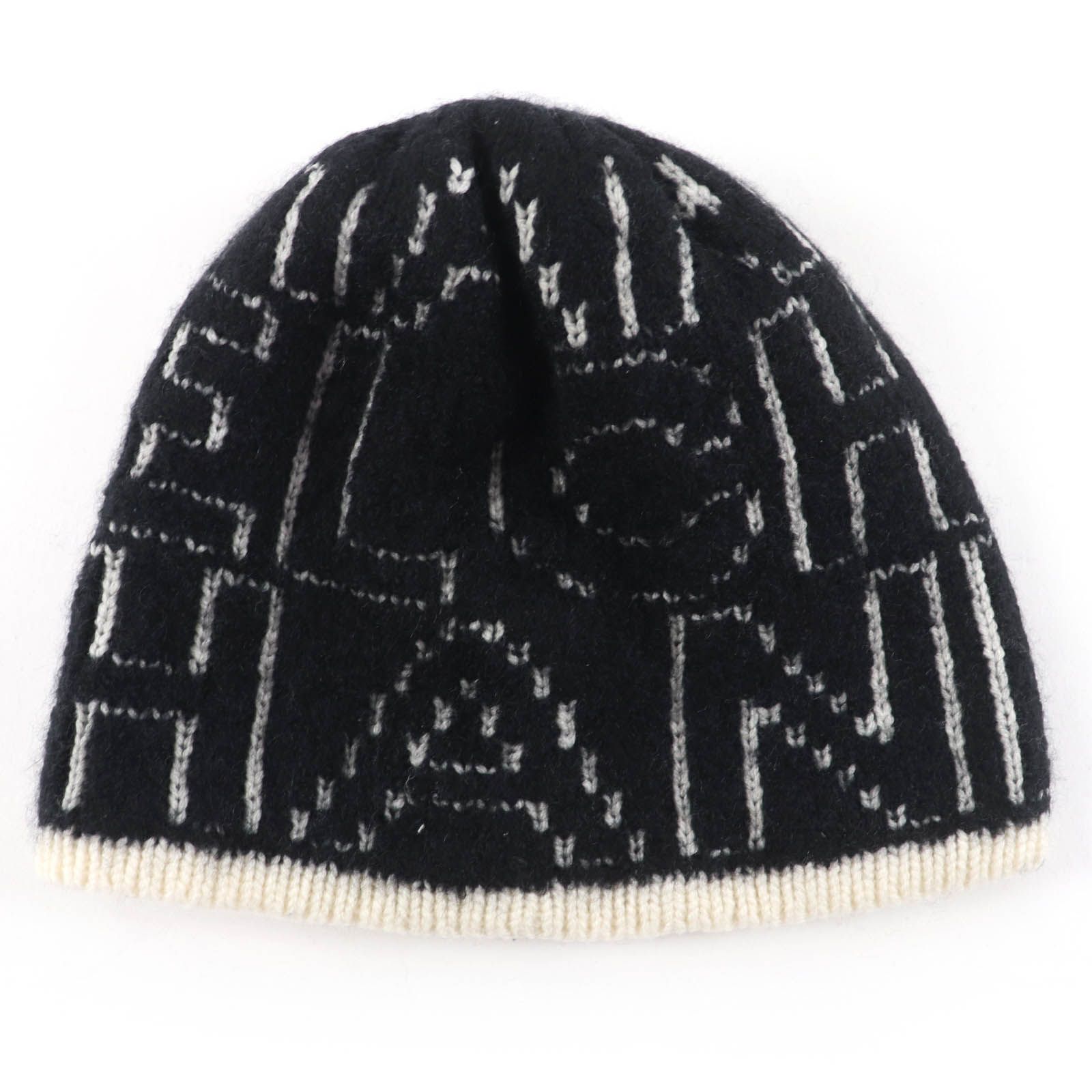 CHANEL シャネル 21K カシミヤ シルク混 ロゴ総柄デザイン ビーニー ニットキャップ ブラック ホワイト レディース