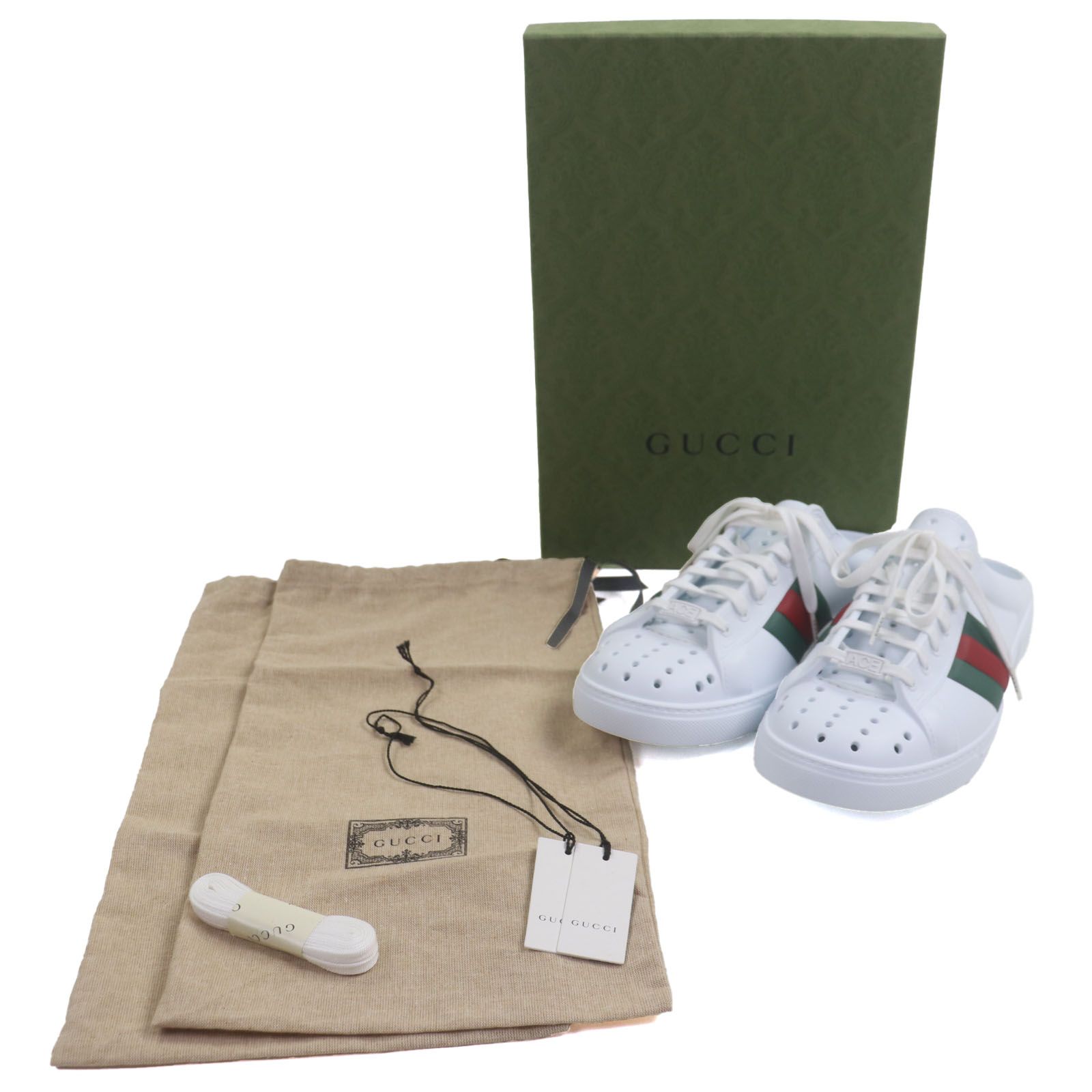 GUCCI グッチ 780288 ウェブライン シェリーライン ACE エース ラバー レースアップ ミュール スライド サンダル ホワイト 9 箱 保存袋付き イタリア製 メンズ