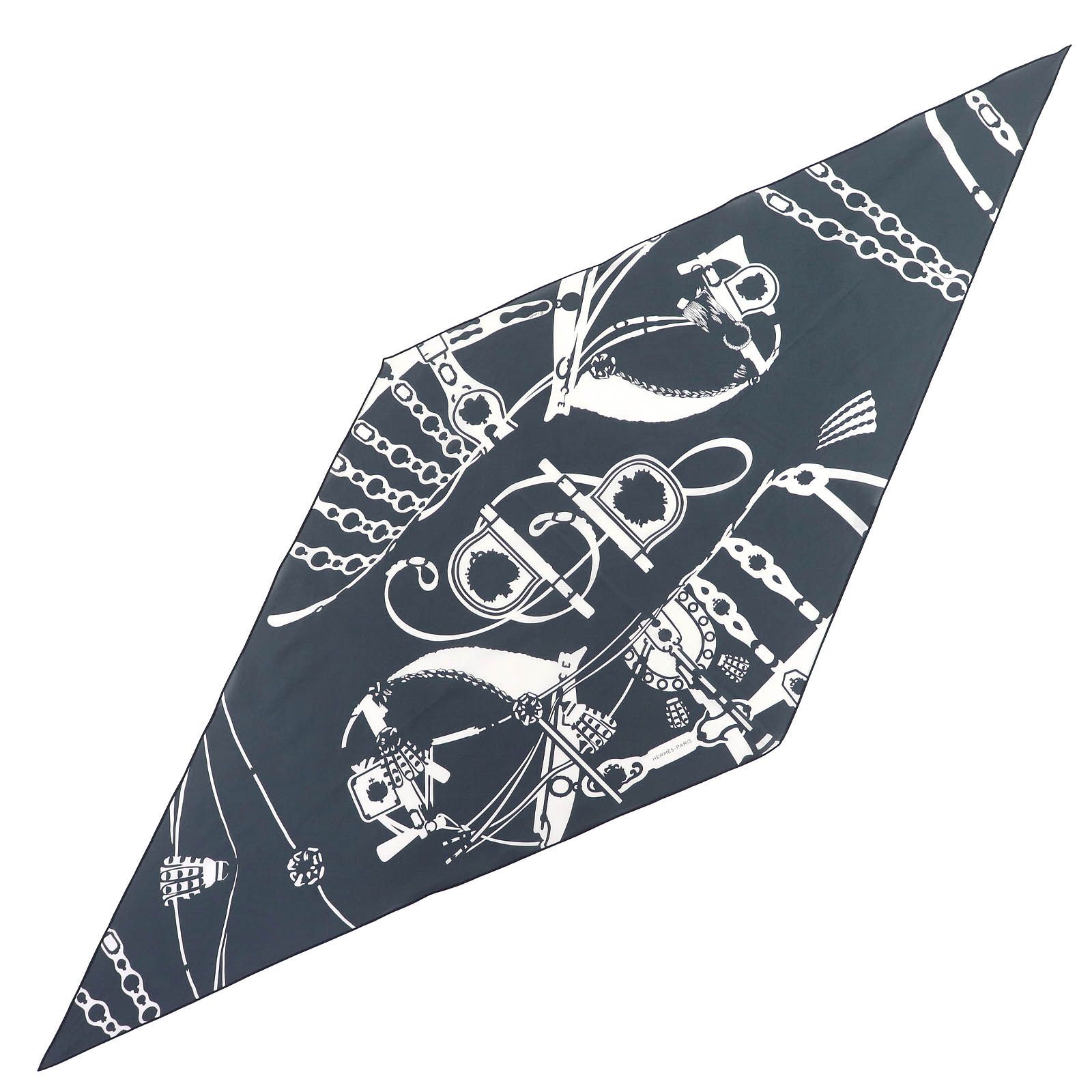 HERMES エルメス ロザンジュ 宮廷の馬具 コットン100％ オラージュ 黒 白 ひし形 スカーフ フランス製 き レディース メンズ 定価110 000円