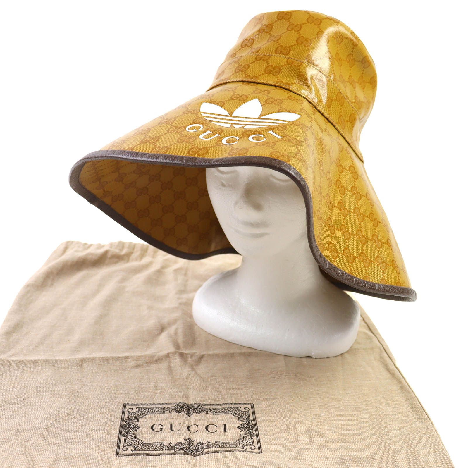 GUCCI×adidas グッチ×アディダス 22 AW 703821 トレフォイル GG柄 ワイドブリムバケットハット 帽子 キャメル ブラウン L 58 cm 保存袋付き イタリア製 レディース