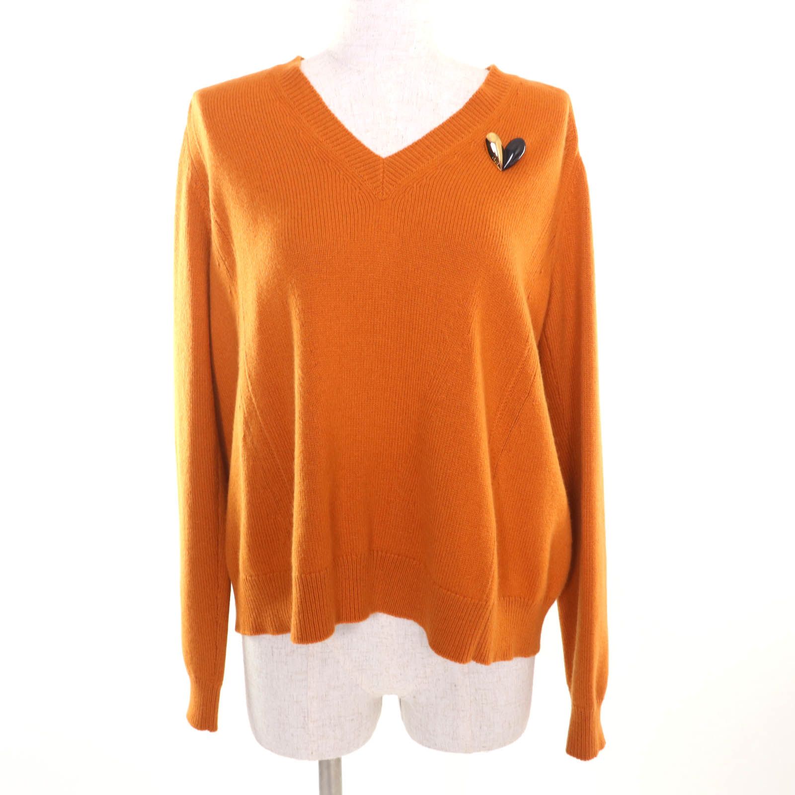 LOUIS VUITTON ルイヴィトン カシミヤ100% ロゴハートブローチ付 バッグZIP Vネック 長袖 セーター ニット オレンジ M イタリア製 レディース