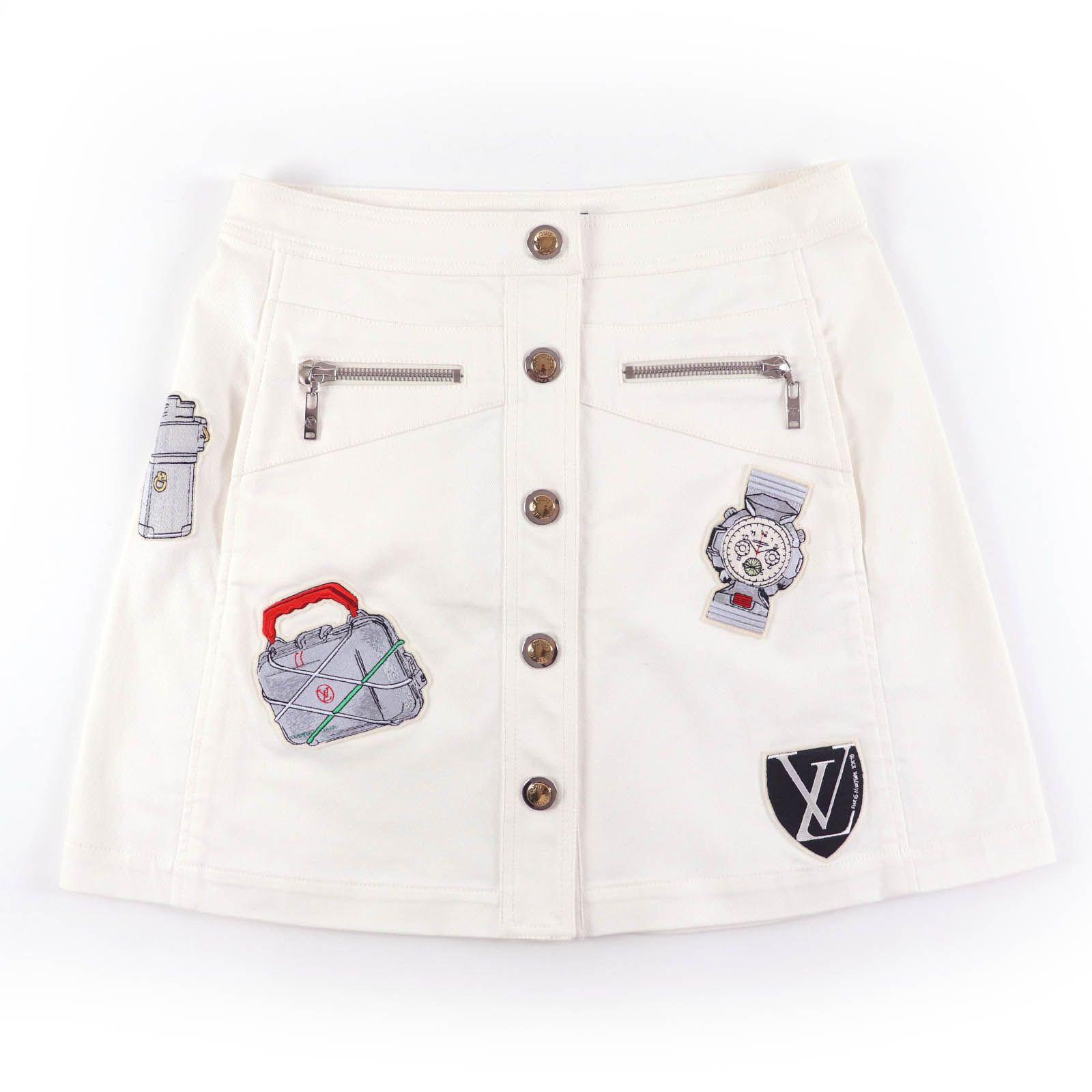 LOUIS VUITTON ルイヴィトン コットン ロゴボタン エンブロイダリー スカート ホワイトデニム 38 イタリア製 レディース