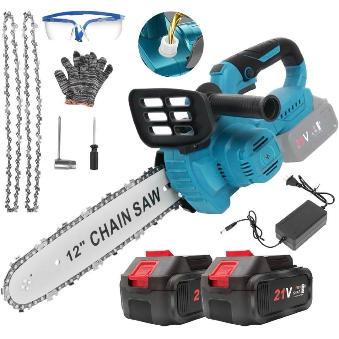 即日 1637 12インチ チェーンソー 充電式 電動ノコギリ ブラシレス コードレス 切断径350mm 給油 大容量バッテリー搭載 2個つき 家庭用 木工切断 枝切り 操作便利 小型 コードレス