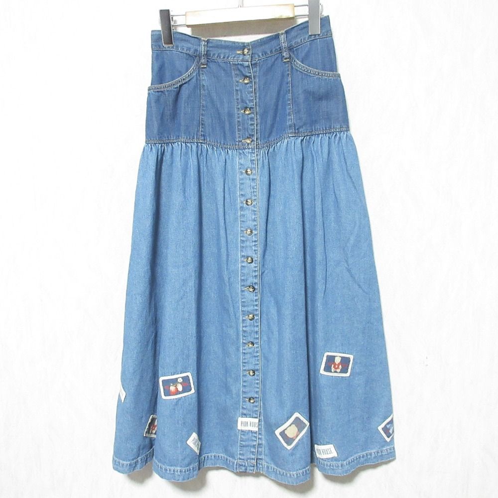 PINK HOUSE ピンクハウス ワッペン 切替 ロング フ デニムスカート M ブルー レディース 古着