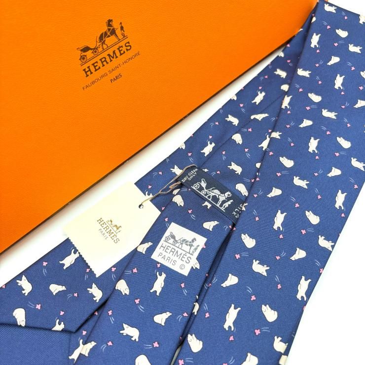 HERMES エルメス シルクネクタイ ネイビー ベア タグ付き 鑑定済み