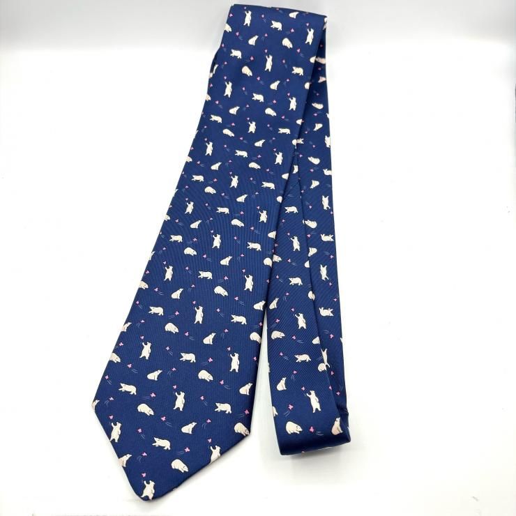 HERMES エルメス シルクネクタイ ネイビー ベア タグ付き 鑑定済み