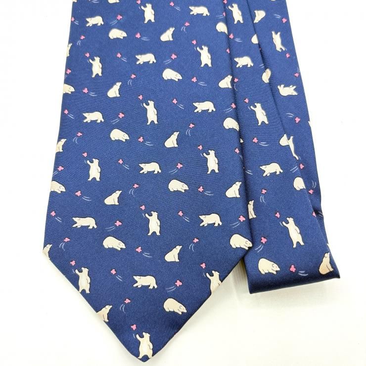 HERMES エルメス シルクネクタイ ネイビー ベア タグ付き 鑑定済み