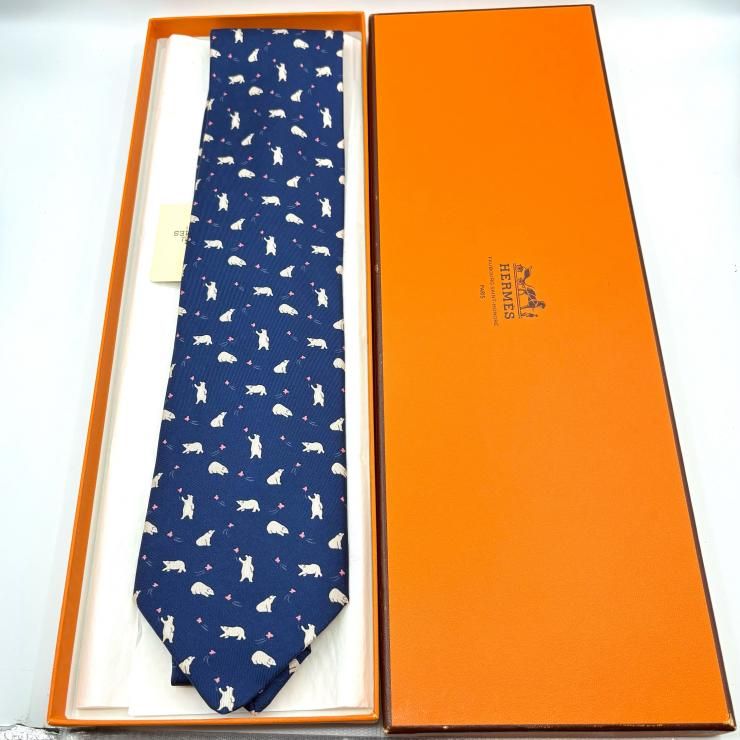 HERMES エルメス シルクネクタイ ネイビー ベア タグ付き 鑑定済み
