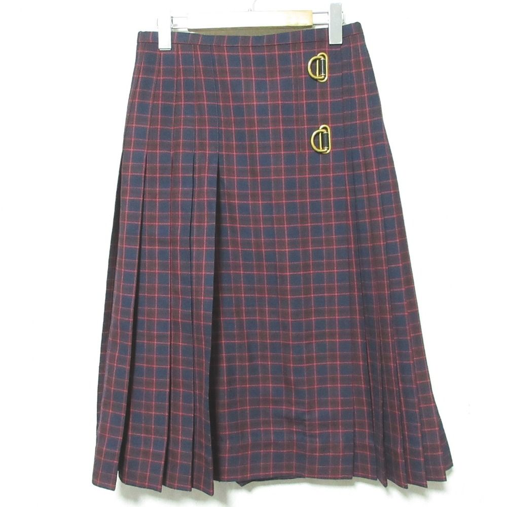 BURBERRY バーバリー ウール チェック柄 ミモレ丈 プリーツ ラップスカート UK8 パープル ネイビー レディース 古着