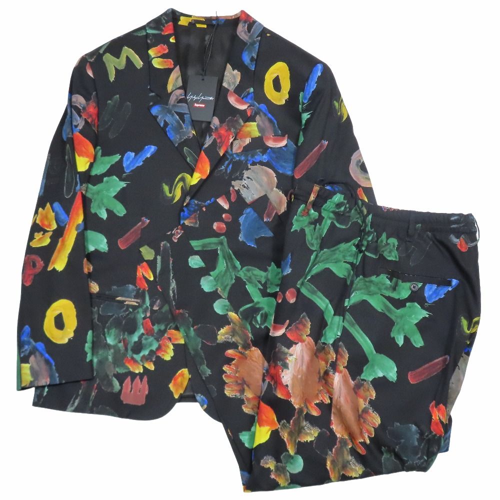 22 AW Yohji Yamamoto ヨウジヤマモト × Supreme シュプリーム スーツ セットアップ 総柄 ジャケット パンツ コラボ S 黒 マルチ メンズ 古着