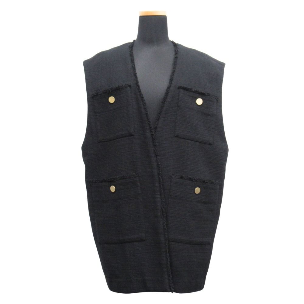 PARIGOT パリゴ マレスカ スラブ ツイード ベスト カットソー ノースリーブ 金ボタン サイズF 黒 ブラック レディース 古着