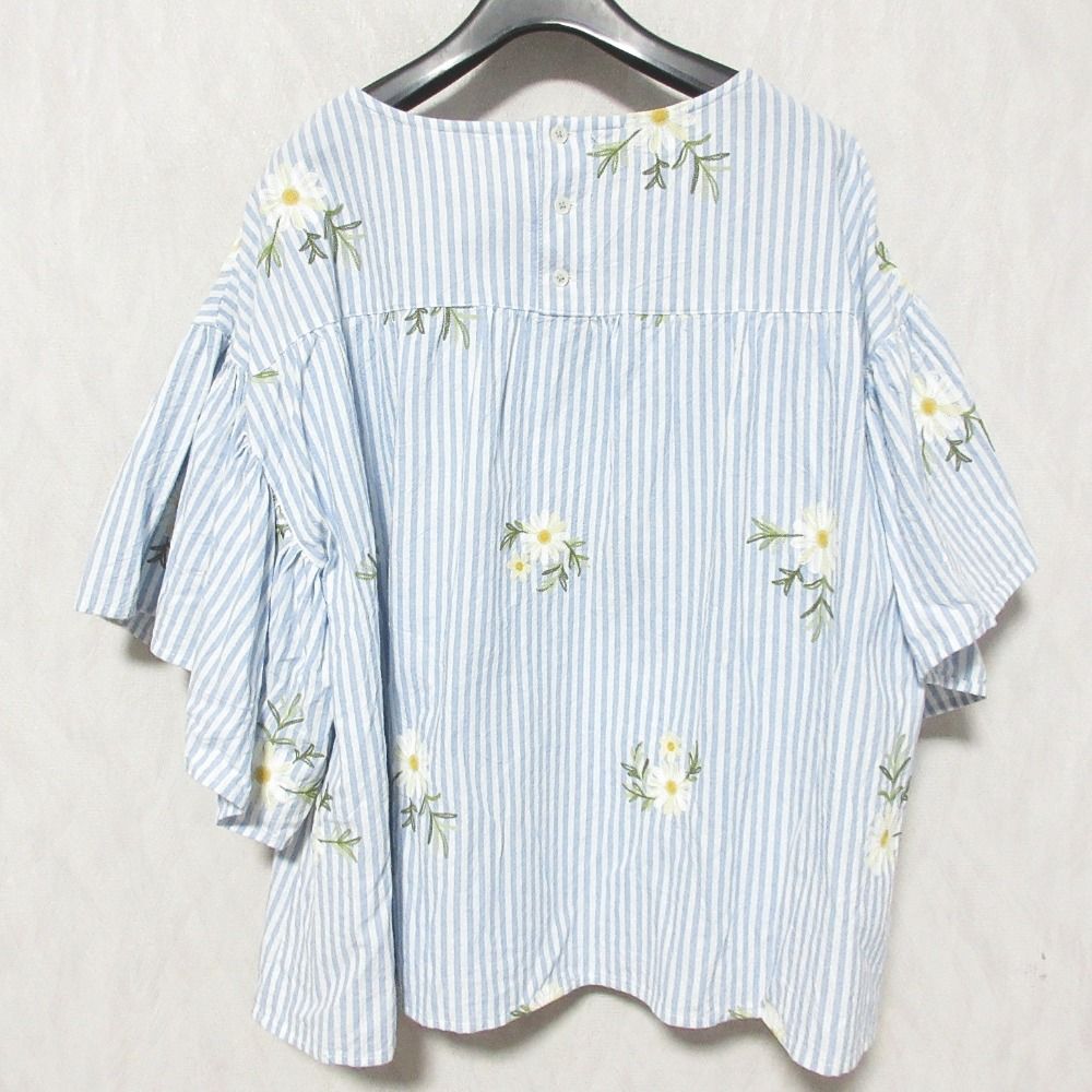 22SS PINK HOUSE ピンクハウス ストライプ フラワー刺繍 ブラウス カットソー A2123FB 010 ブルー レディース 古着