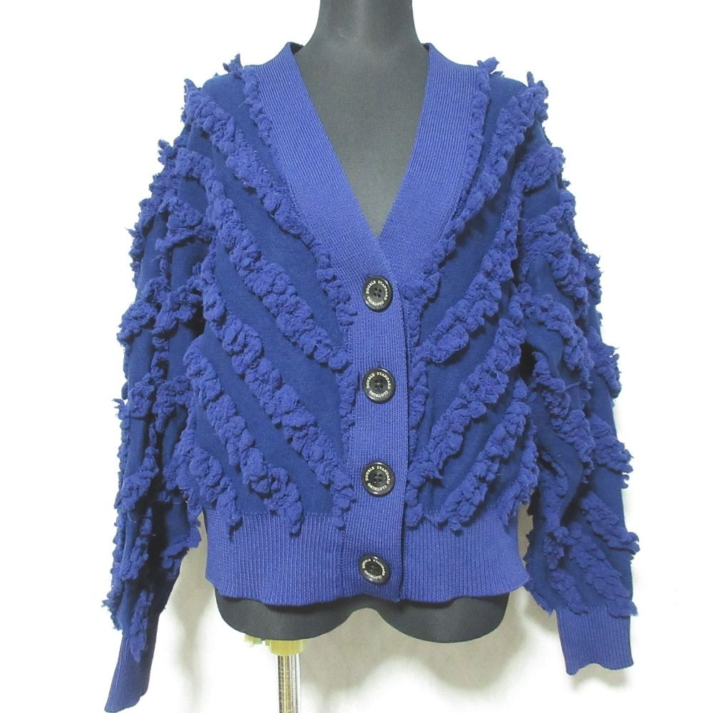 24AW DOUBLE STANDARD CLOTHING ダブル クロージング Vネック フリンジジャガードニットカーディガン 38 ネイビー レディース 古着