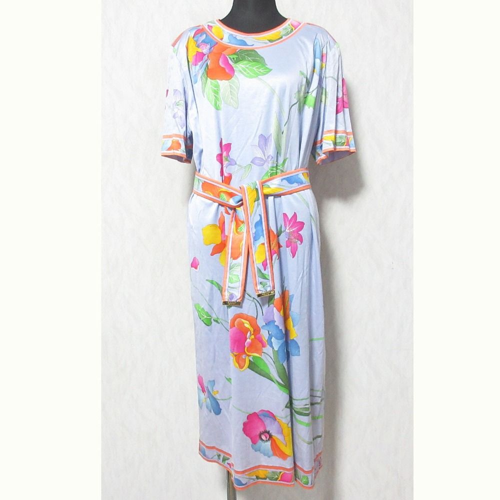 LEONARD FASHION レオナールファッション フラワープリント ベルテッドワンピース LL ライトパープル レディース 古着