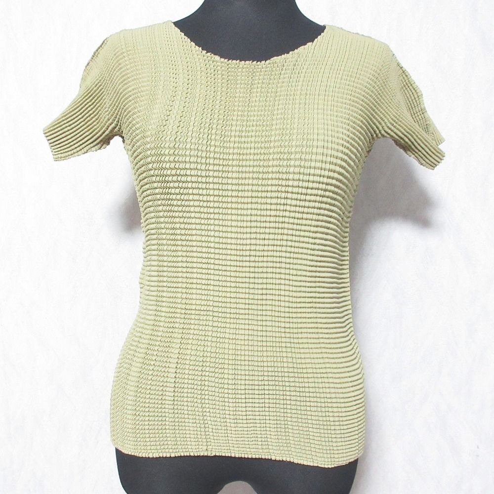 ISSEY MIYAKE PLEATS イッセイミヤケ プリーツ スクエアプリーツTシャツ カットソー IM94FT123 M カーキ レディース 古着
