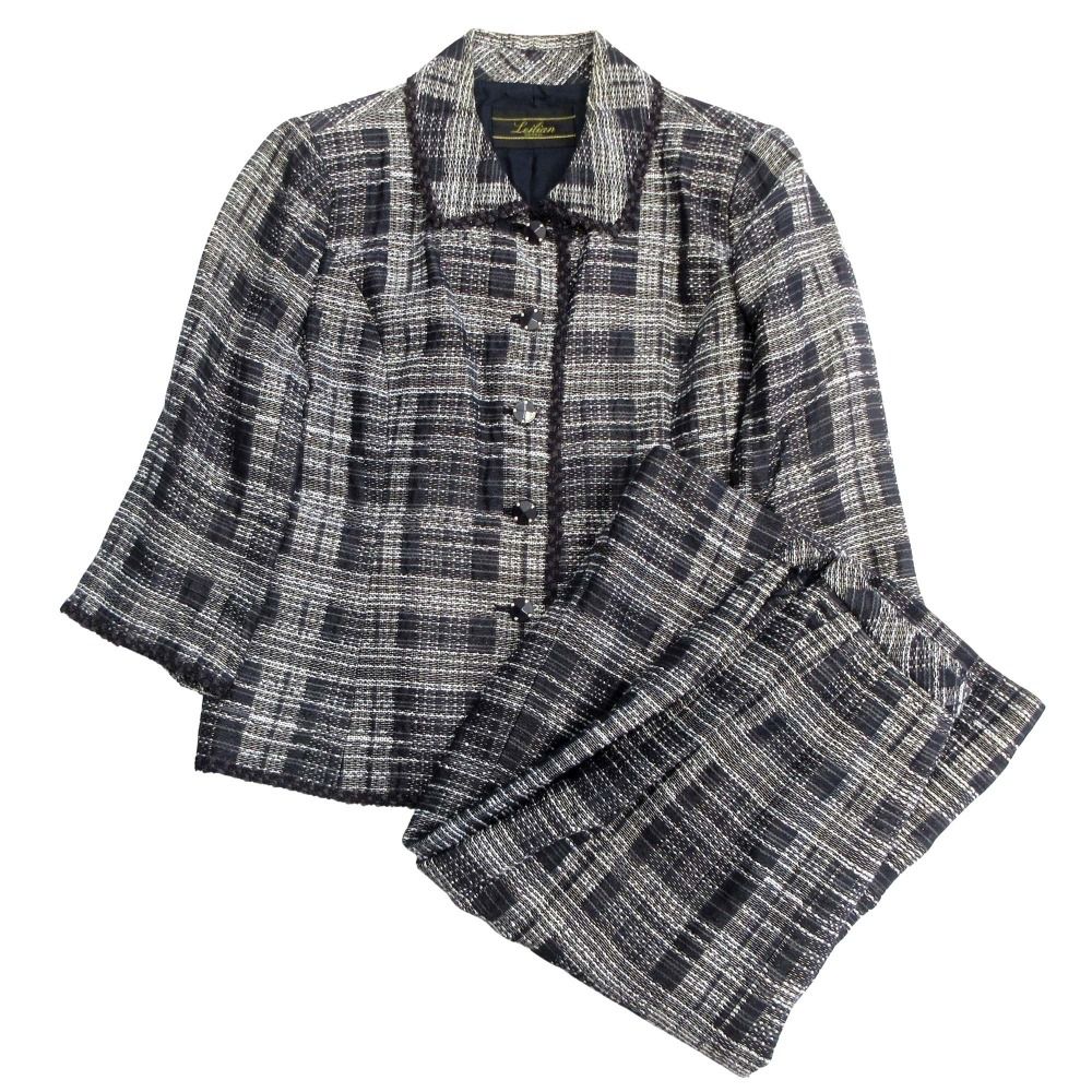 Leilian レリアン セットアップ ツイード ジャケット 七分袖 スカート フ ビジュー ラメ 薄手 フォーマル 黒 × 白 レディース 古着