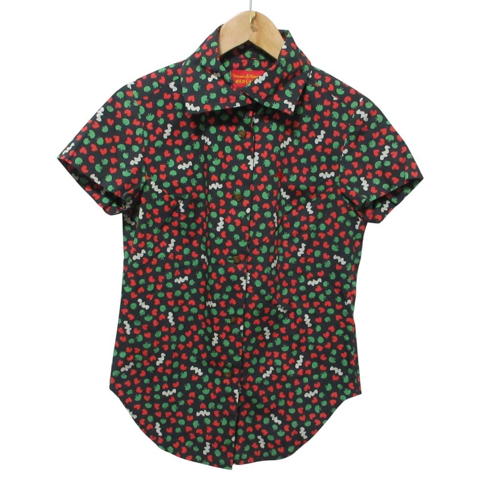 クリーニング済 Vivienne Westwood RED LABEL ヴィヴィアンウエストウッド レッドレーベル ハート クラゲ 開襟シャツ 2 ブラック レディース 古着