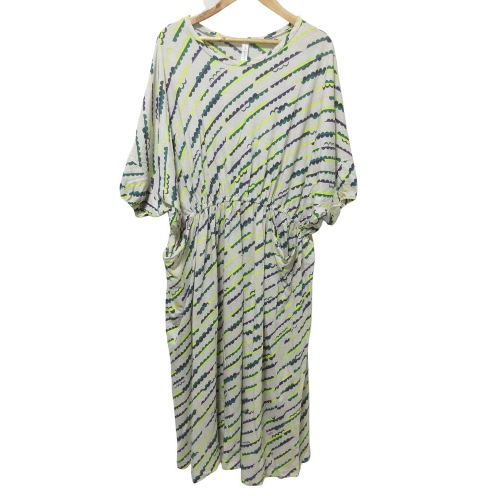 mina perhonen ミナペルホネン lumpy ストライプ 半袖 ロングワンピース 38 ベージュ マルチ レディース 古着