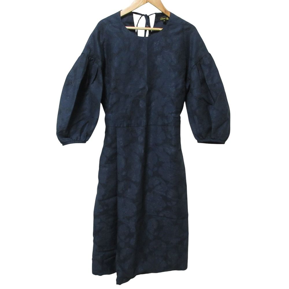 クリーニング済 DRAWER ドゥロワー 長袖 ロング タックネイビージャカードワンピース 36 ネイビー レディース 古着