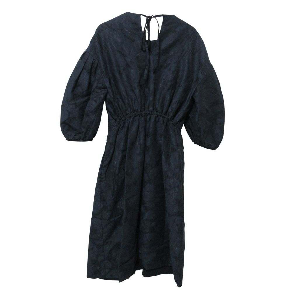 クリーニング済 DRAWER ドゥロワー 長袖 ロング タックネイビージャカードワンピース 36 ネイビー レディース 古着