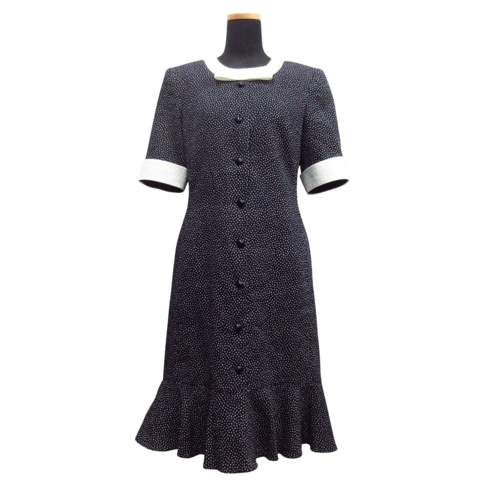 KIMIJIMA キミジマ 総柄 ドレス ワンピース スカート リボン ひざ丈 半袖 9号 ネイビー×ホワイト レディース 古着