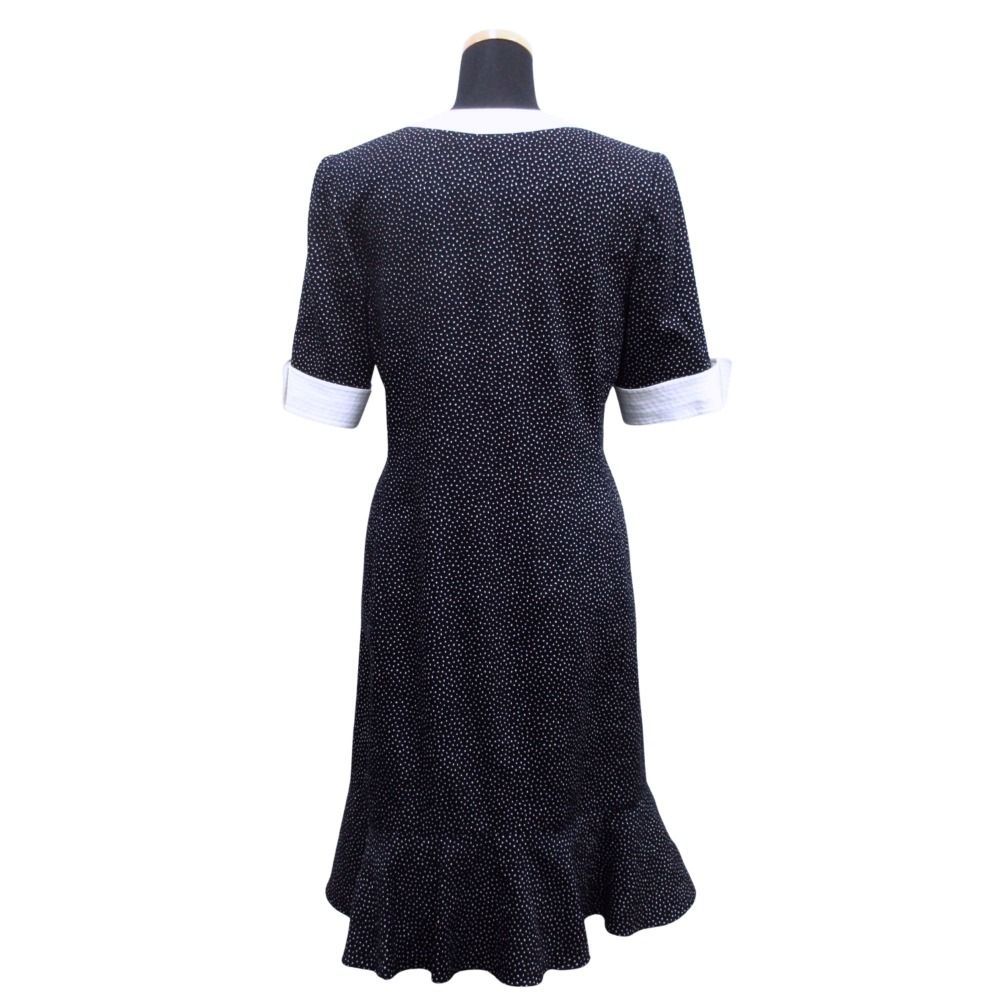 キミジマ 総柄 ドレス ワンピース スカート リボン ひざ丈 半袖 9号 ネイビー×ホワイト レディース 古着