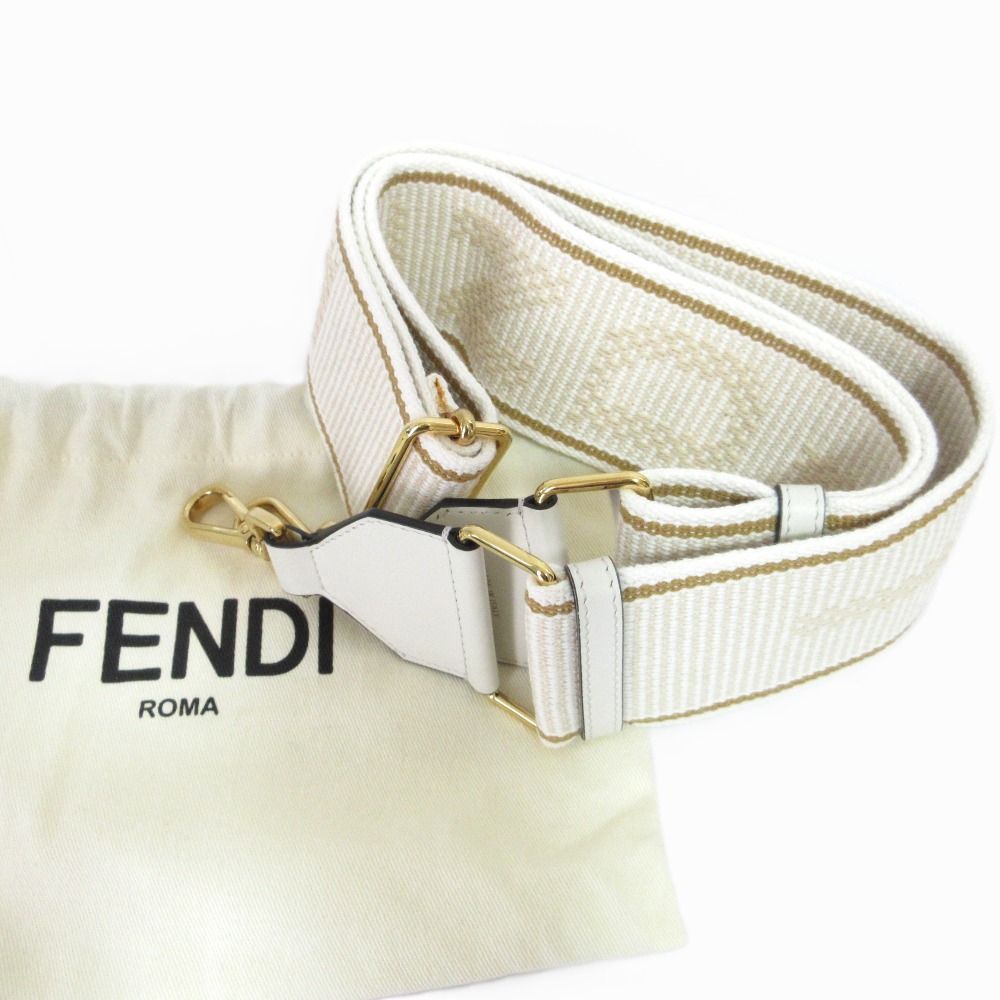 FENDI フェンディ ストラップユー ロゴジャガード ショルダーストラップ アイボリー×ゴールド金具 レディース 古着