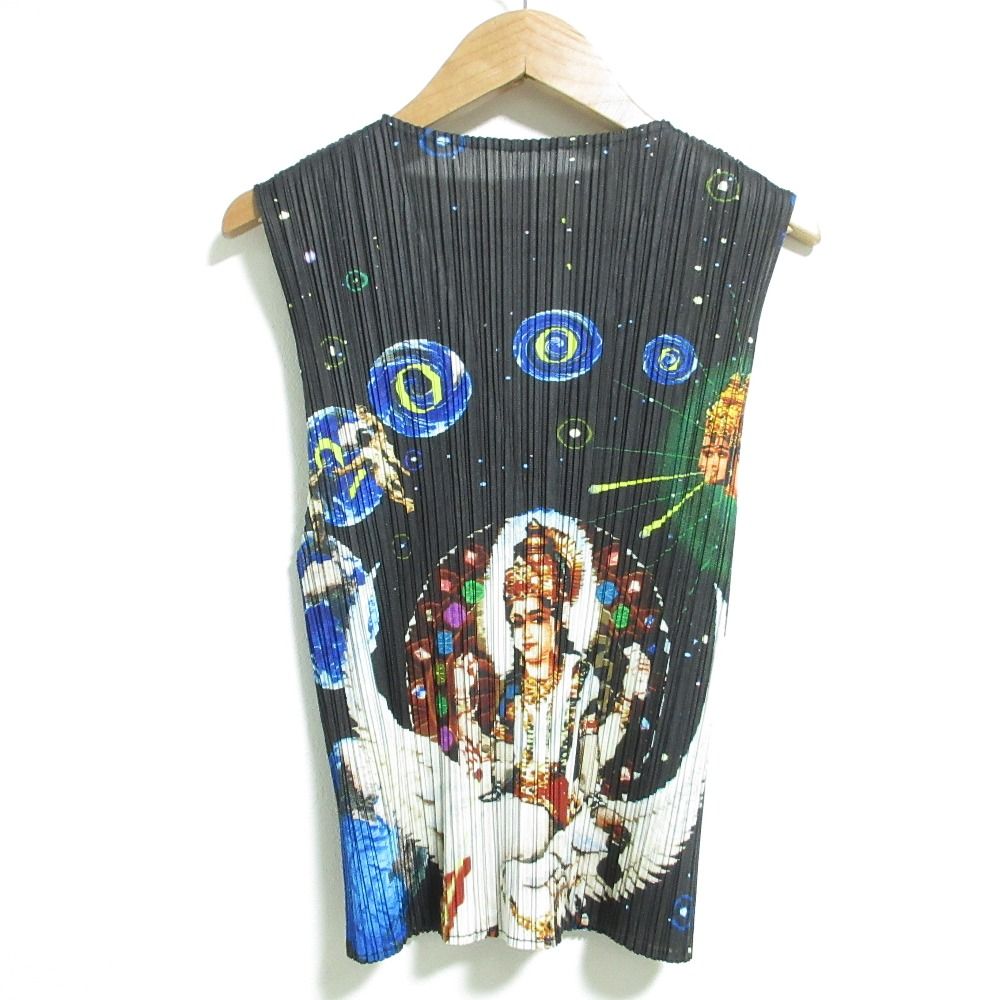 PLEATS PLEASE プリーツプリーズ イッセイミヤケ 00S ミレニアムクリシュナ プリント 横尾忠則 ベスト PP02-JE101 4 ブラック レディース 古着