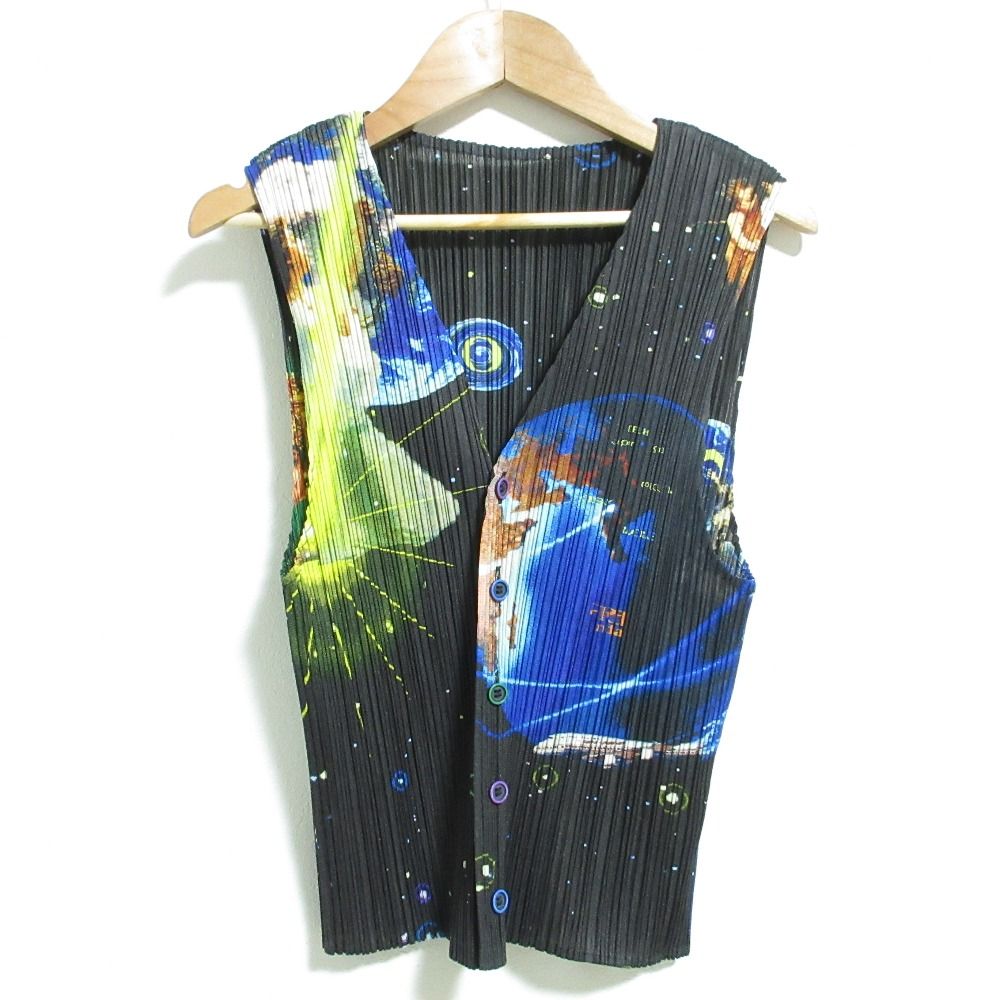 PLEATS PLEASE プリーツプリーズ イッセイミヤケ 00 S ミレニアムクリシュナ プリント 横尾忠則 ベスト PP 02-JE 101 4 ブラック レディース 古着