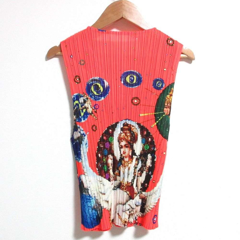 PLEATS PLEASE プリーツプリーズ イッセイミヤケ 00S ミレニアムクリシュナ プリント 横尾忠則 ベスト PP02-JE101 3 オレンジ レディース 古着