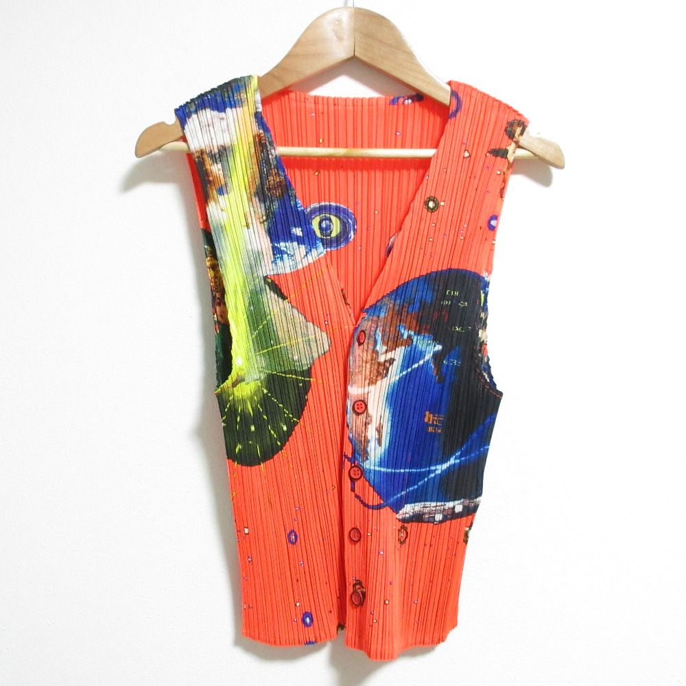 PLEATS PLEASE プリーツプリーズ イッセイミヤケ 00S ミレニアムクリシュナ プリント 横尾忠則 ベスト PP02-JE101 3 オレンジ レディース 古着