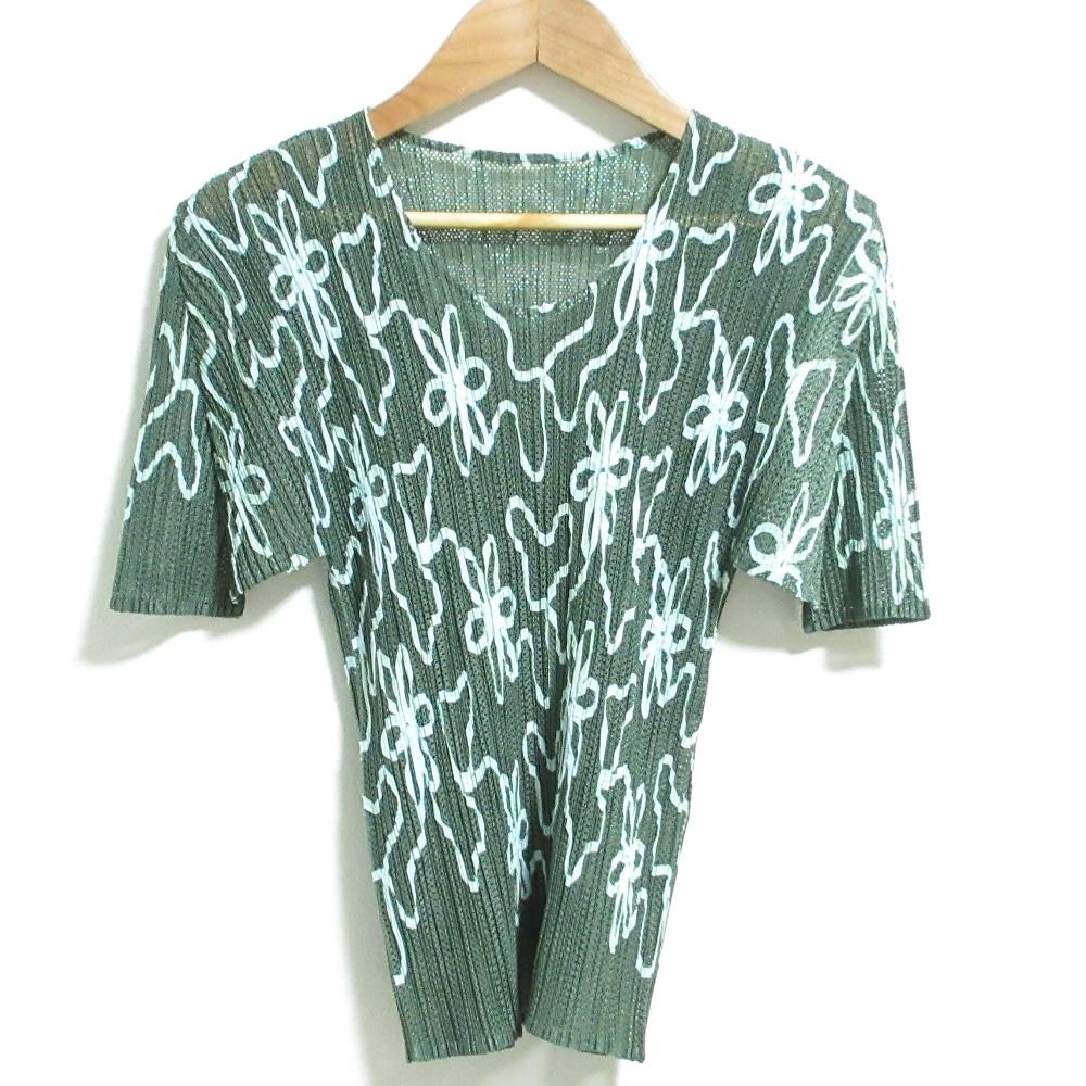 PLEATS PLEASE プリーツプリーズ イッセイミヤケ リボン刺繍 ショートスリーブ メッシュTシャツ PP06-JK304 サイズ4 グリーン レディース 古着