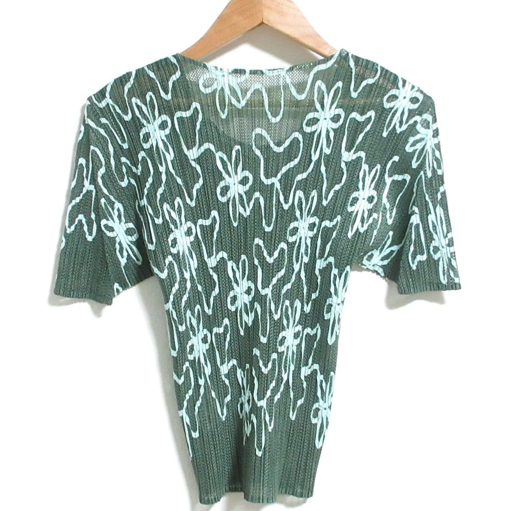PLEATS PLEASE プリーツプリーズ イッセイミヤケ リボン刺繍 ショートスリーブ メッシュTシャツ PP06-JK304 サイズ4 グリーン レディース 古着