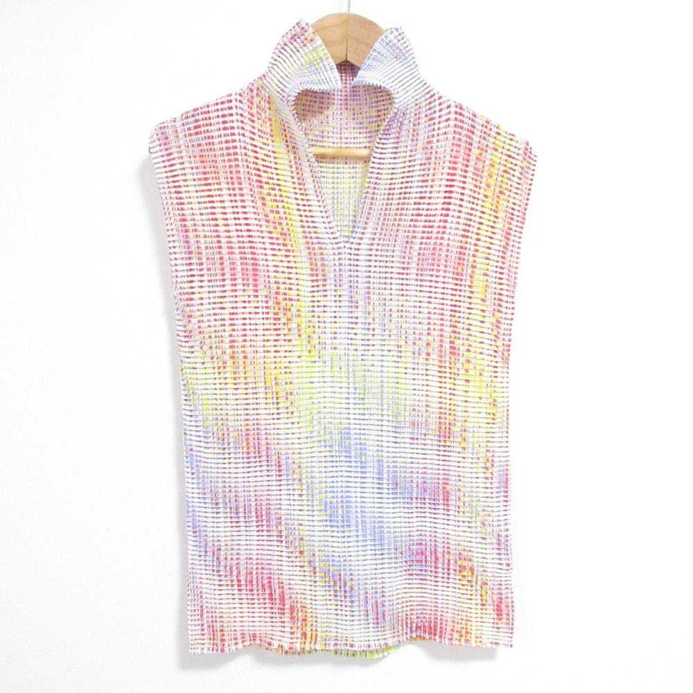 ISSEY MIYAKE イッセイミヤケ ハイネック スクエアプリーツ ノースリーブカットソー IM41FJ612 サイズ2 マルチ レディース 古着