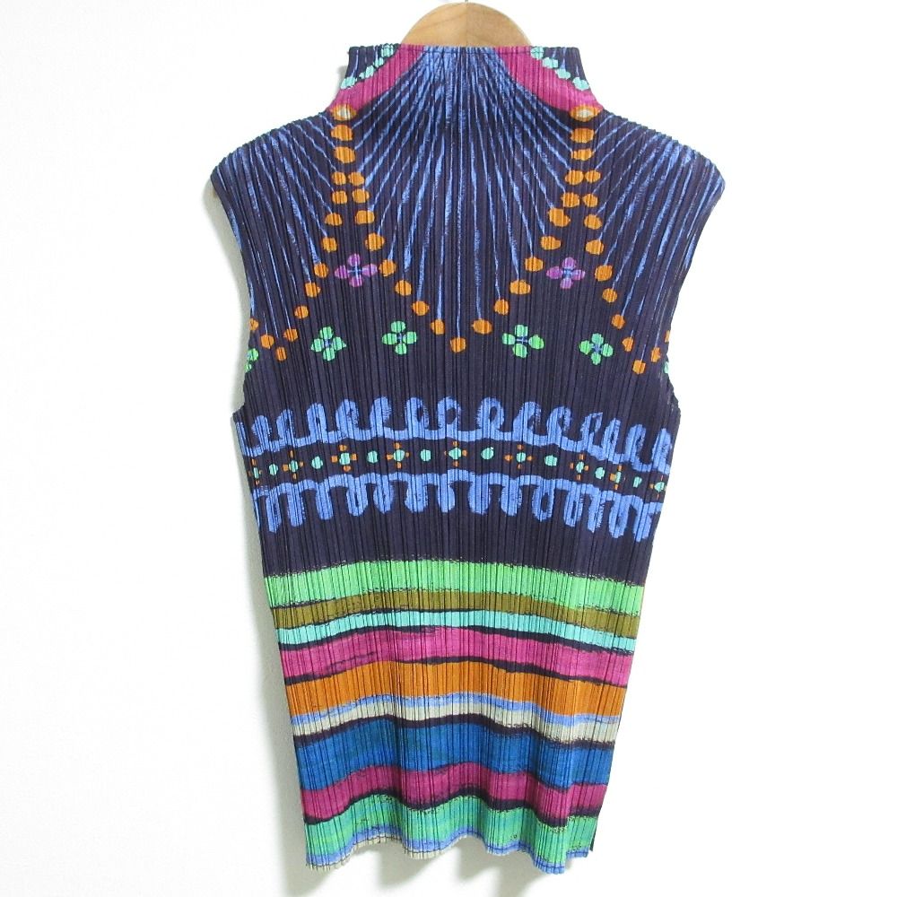 PLEATS PLEASE プリーツプリーズ イッセイミヤケ ハイネック プリント ノースリーブカットソー PP63-JK571 サイズ3 ネイビー レディース 古着
