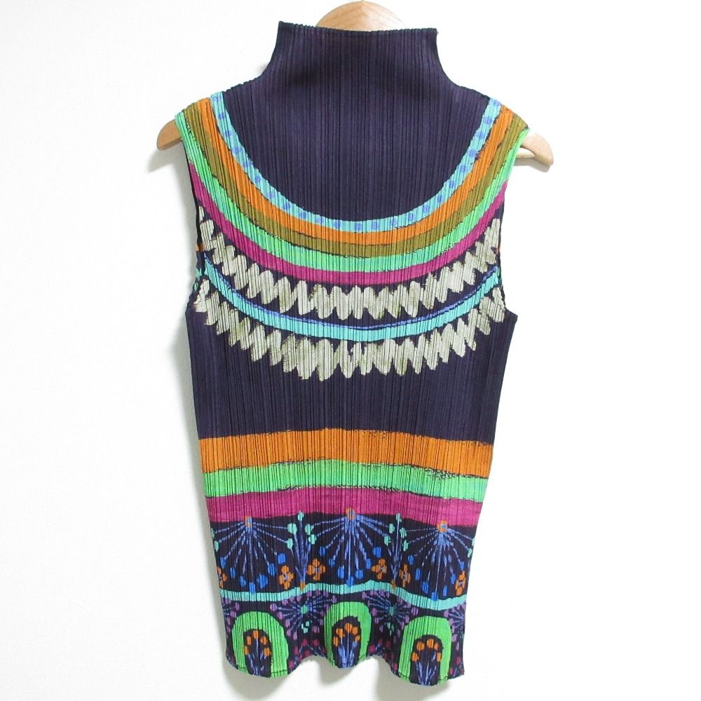 PLEATS PLEASE プリーツプリーズ イッセイミヤケ ハイネック プリント ノースリーブカットソー PP63-JK571 サイズ3 ネイビー レディース 古着