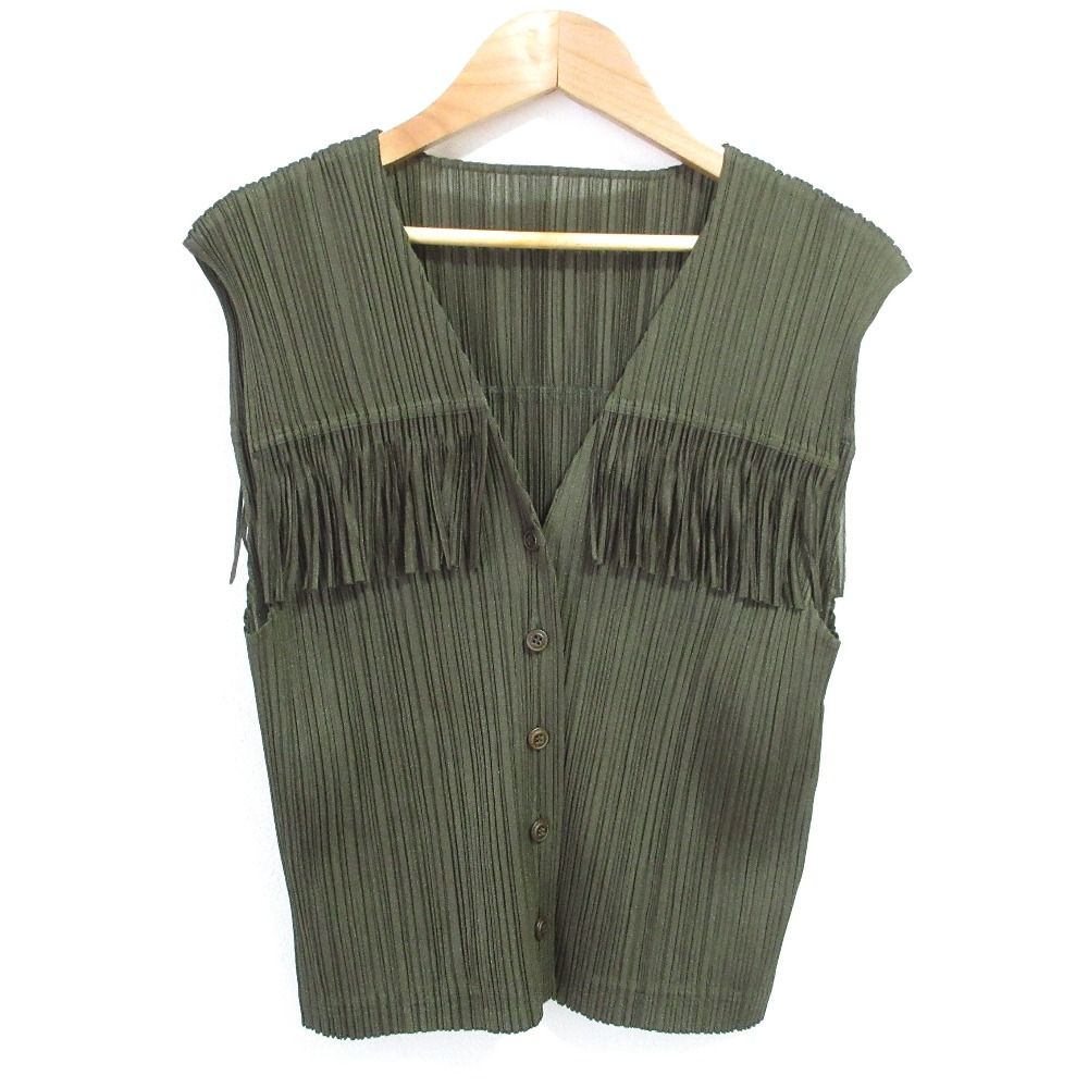 PLEATS PLEASE ISSEY MIYAKE プリーツプリーズ イッセイミヤケ フリンジ べスト ジレ PP91-JE091 サイズ3 カーキ レディース 古着