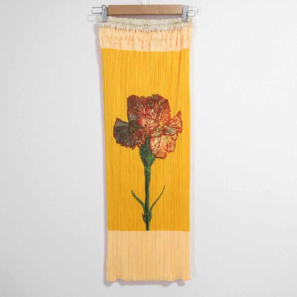 PLEATS PLEASE プリーツプリーズ イッセイミヤケ カーネーション プリント ロングスカート PP06-JG106 サイズ1 イエロー レディース 古着