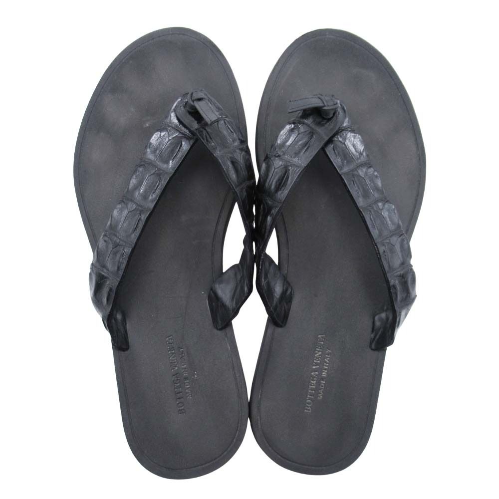 BOTTEGA VENETA ボッテガヴェネタ クロコダイル ビーチサンダル フラット シューズ 靴 42 27.0 黒 ブラック メンズ 古着