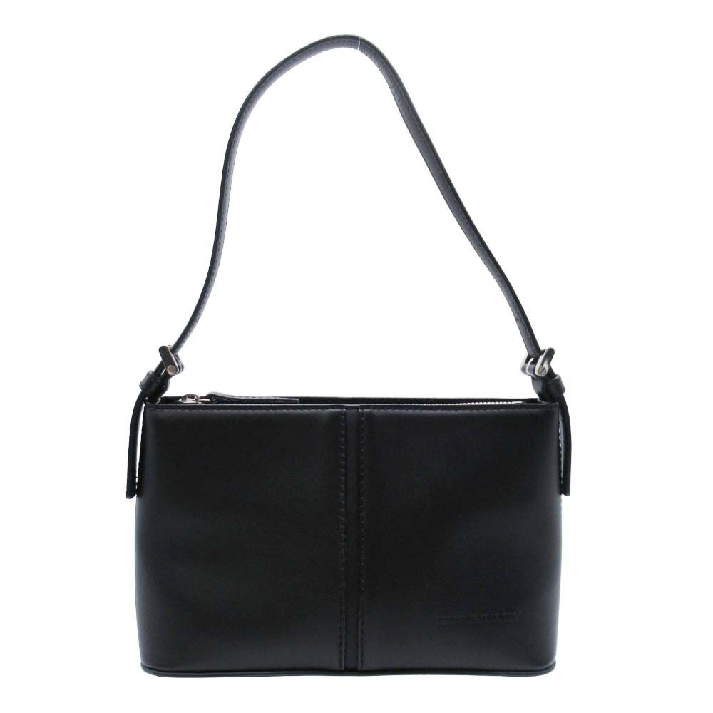 新品同様 BURBERRY バーバリー 横長型 セミショルダーバッグ ワンハンドル 鞄 ノバチェック裏地 ロゴ 黒 ブラック レディース 古着  USED