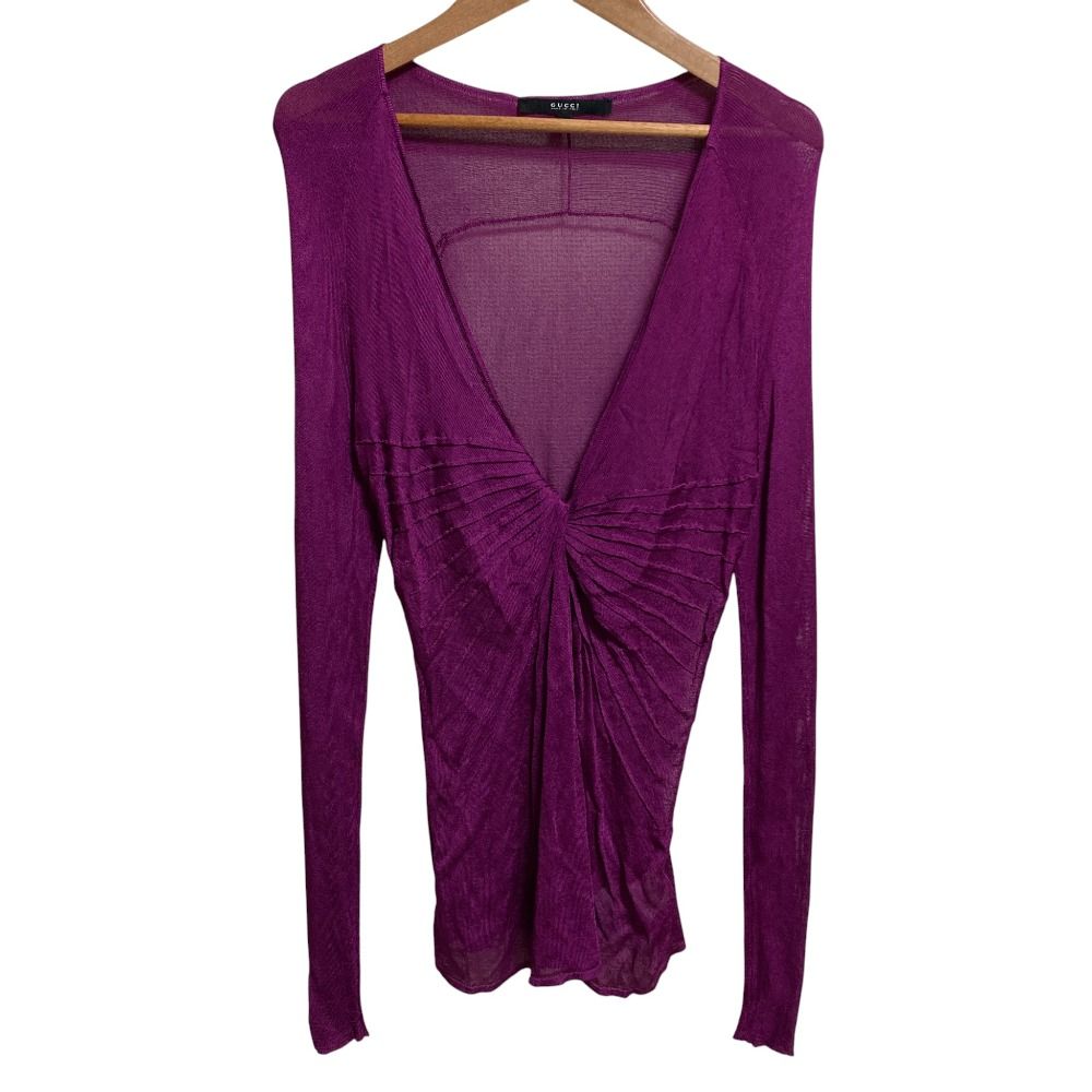 GUCCI グッチ Vネック ロングスリーブ メッシュニット カットソー プルオーバー XSサイズ パープル レディース 古着