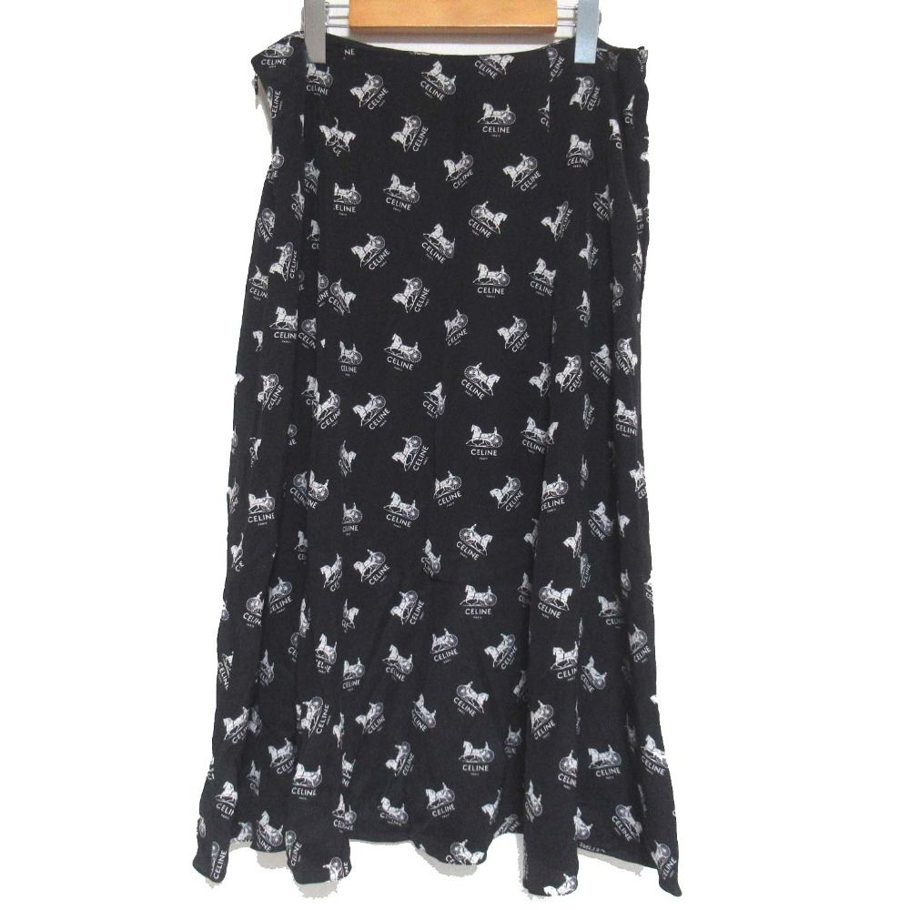 CELINE セリーヌ サルキー 馬車柄 シルク フ スカート サイズ40 ブラック×ホワイト レディース 古着
