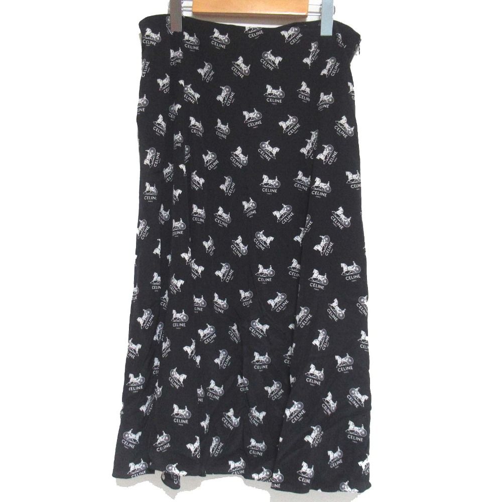 CELINE セリーヌ サルキー 馬車柄 シルク フ スカート サイズ40 ブラック×ホワイト レディース 古着
