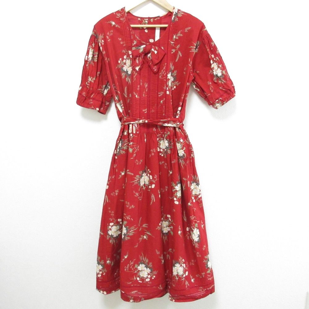 PINK HOUSE ピンクハウス レースリボン フラワープリント ロングワンピース レッド レディース 古着