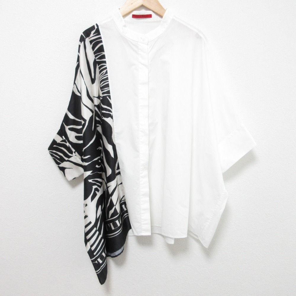 CAROLINA HERRERA キャロライナヘレラ バンド ドルマンスリーブ 切替シャツ サイズＭ ホワイト ブラック レディース 古着