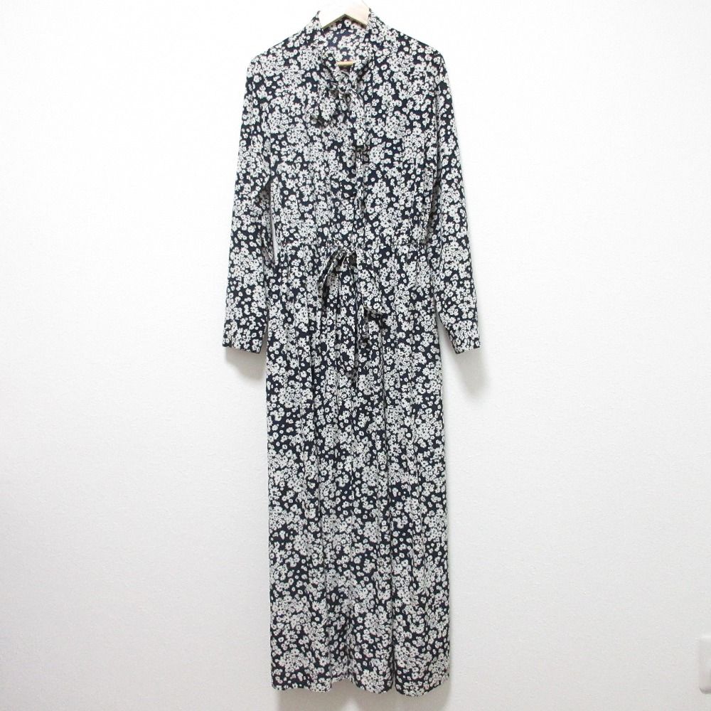 OBLI オブリ ボウタイリボン付 花柄 ベルテッドワンピース サイズM ブラックホワイト レディース 古着